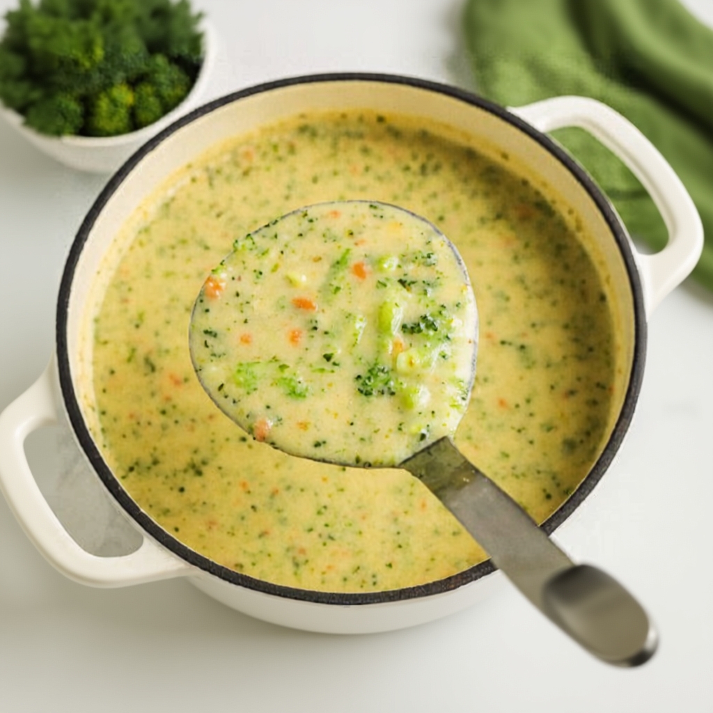 Blending the broccoli cheddar soup for a creamy texture