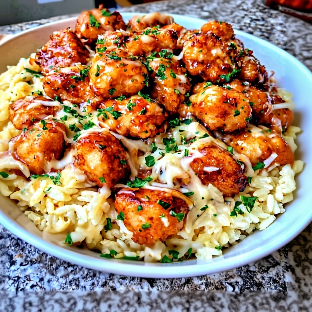 Délicieuses bouchées de poulet miel et ail servies sur un riz crémeux au parmesan
