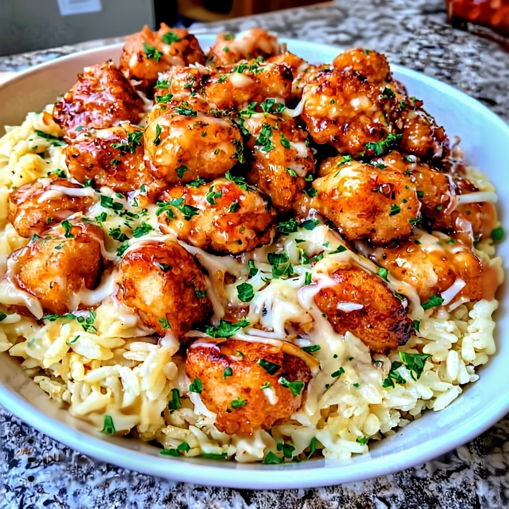 Sauce miel et ail frémissante dans une poêle avec des morceaux de poulet