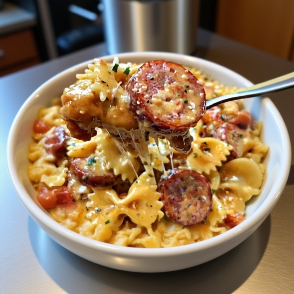 Ingredients for One-Pot Smoked Turkey Sausage Pasta laid out