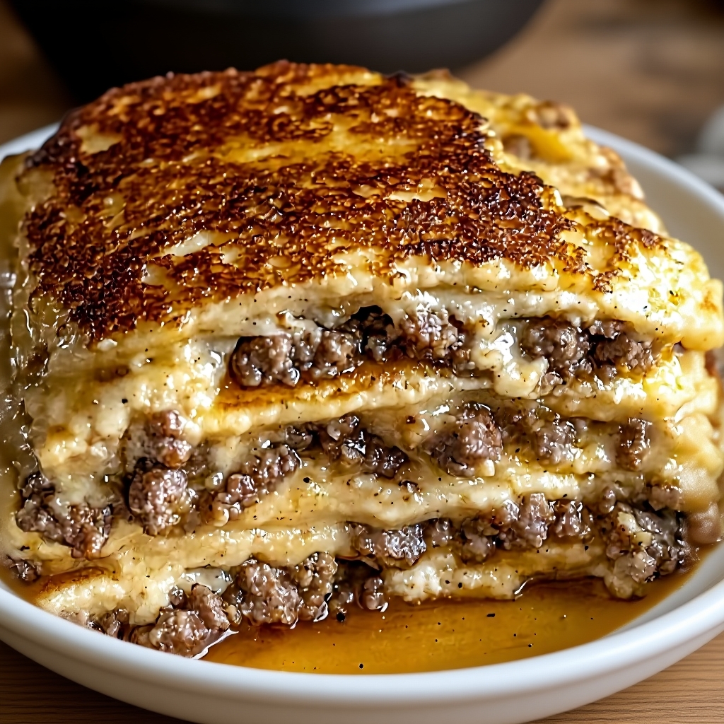 A golden-brown pancake breakfast bake in a white baking dish, ready to be served.