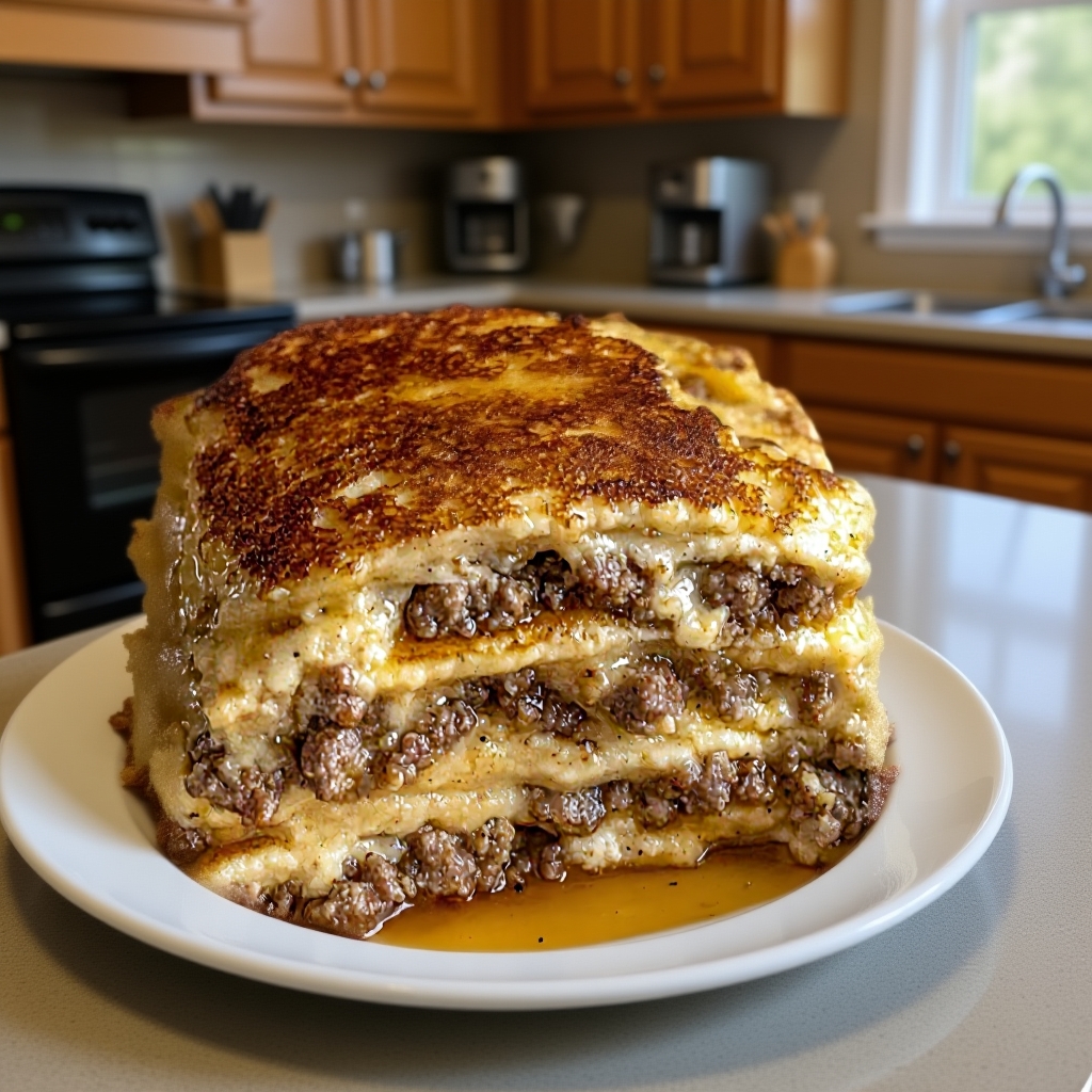 The key ingredients for the pancake bake, including pancake mix, sausage, and cheese, arranged on a wooden surface.