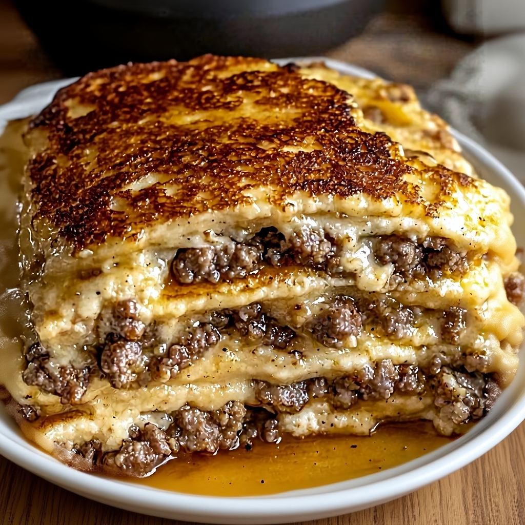 A square slice of pancake breakfast bake on a plate, drizzled with syrup and ready to eat.