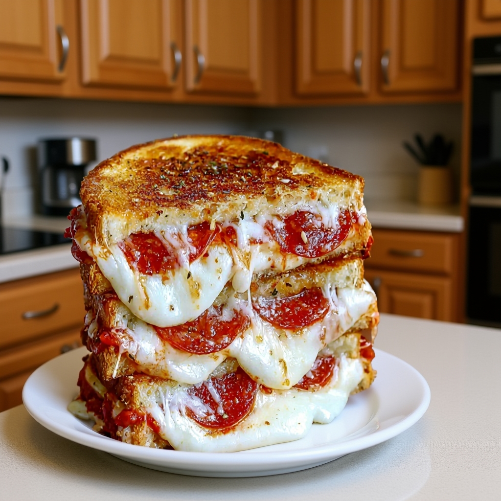 Top-down view showing the assembly steps of the pizza grilled cheese: bread, cheese, sauce, ham, and more cheese.