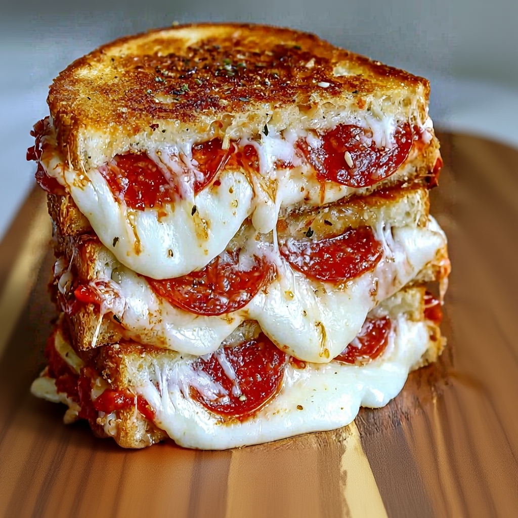 Several variations of the pizza grilled cheese with different toppings like pepperoni, vegetables, and pesto.