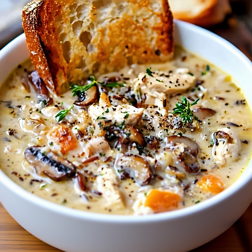 Bowl of Savory Chicken Mushroom Wild Rice Soup