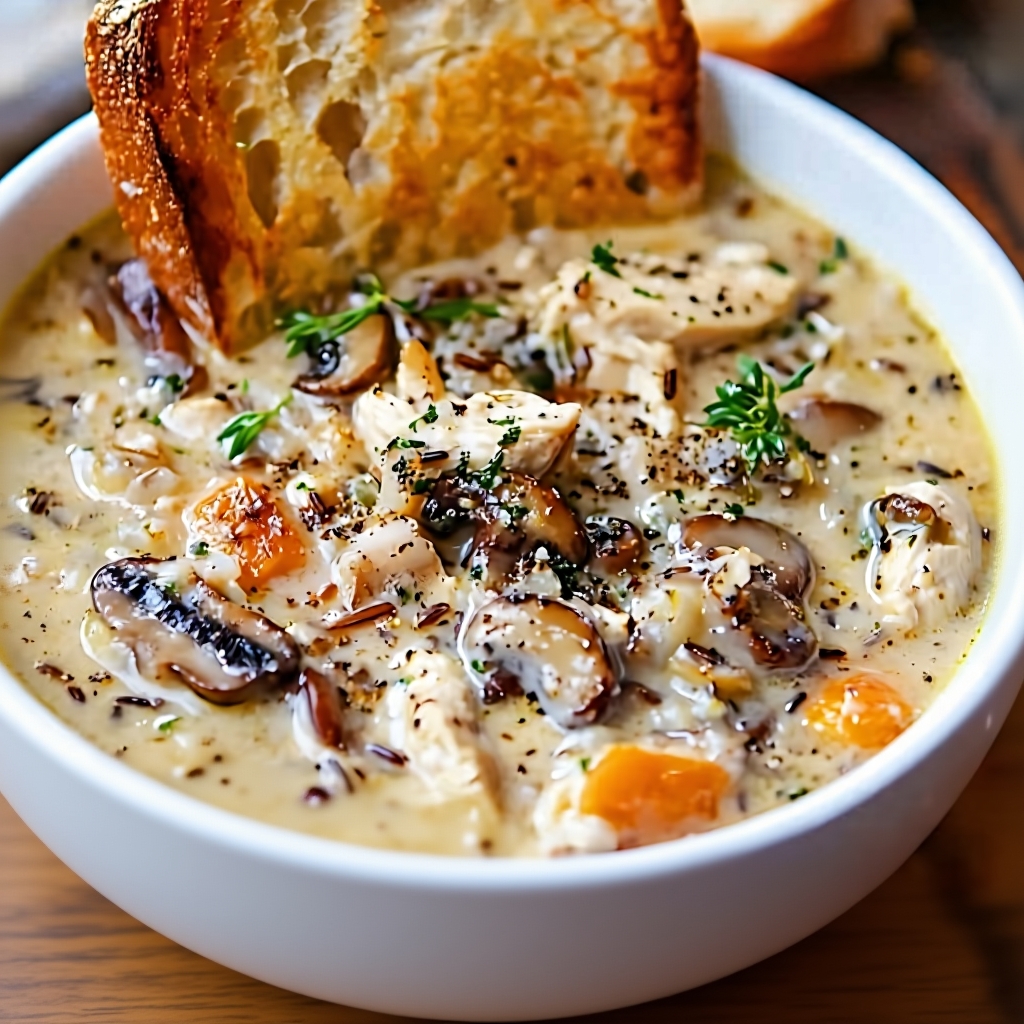 Final presentation of Savory Chicken Mushroom Wild Rice Soup