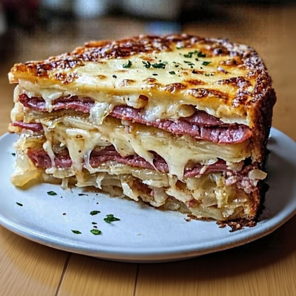 A golden brown Reuben Bake casserole fresh out of the oven in a ceramic dish.