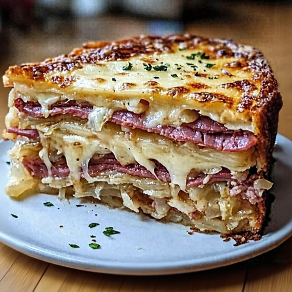 A perfect square slice of Reuben Bake on a plate, showing the layers of corned beef, sauerkraut, and bread.