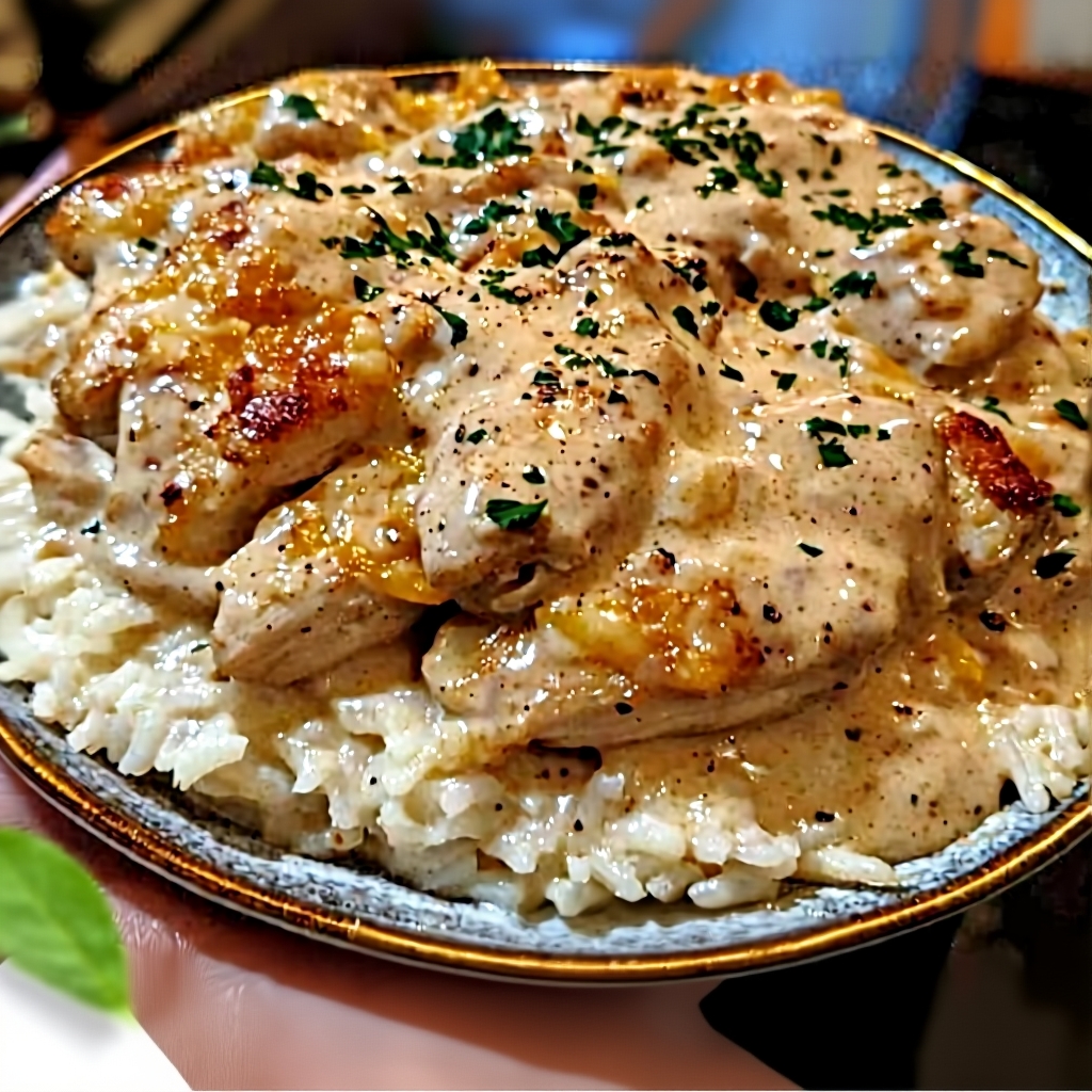 A portion of smothered chicken and rice served on a plate, garnished with fresh parsley.