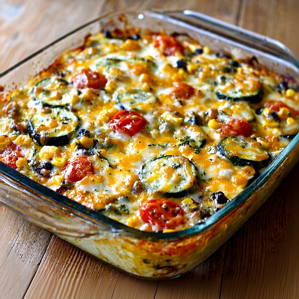 A close-up of a bubbling and cheesy Tex-Mex Zucchini Bake fresh out of the oven.