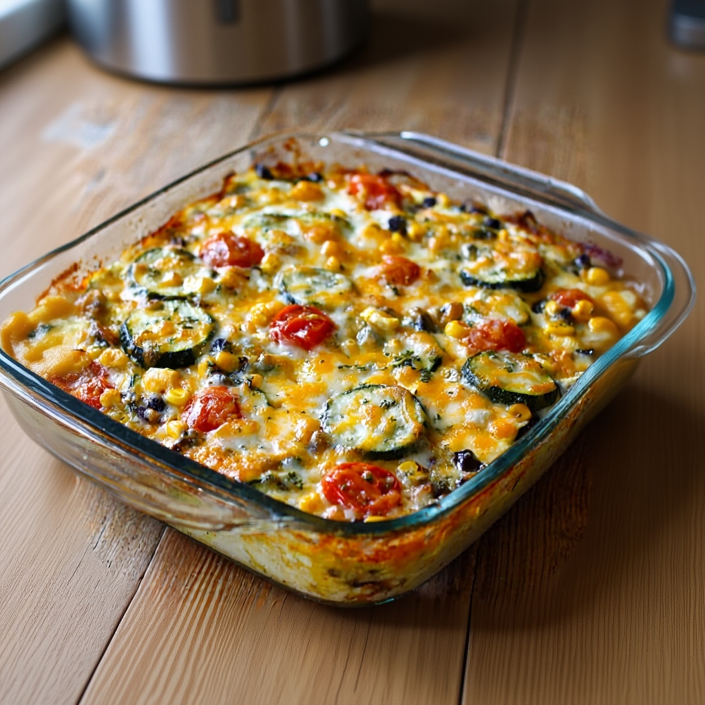 Fresh ingredients for the bake: zucchini, cherry tomatoes, corn, and spices.