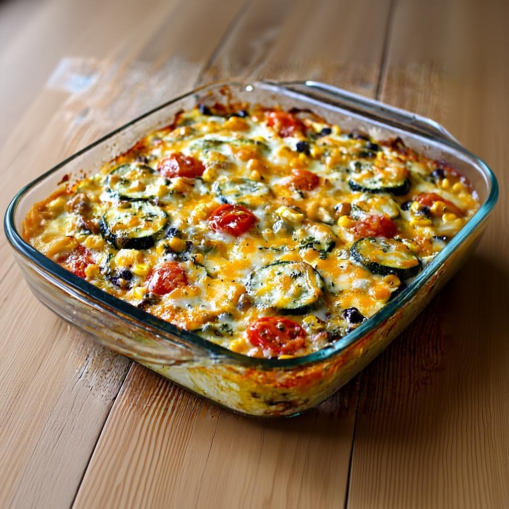 A serving of Tex-Mex Zucchini Bake on a plate, garnished with sour cream and cilantro.