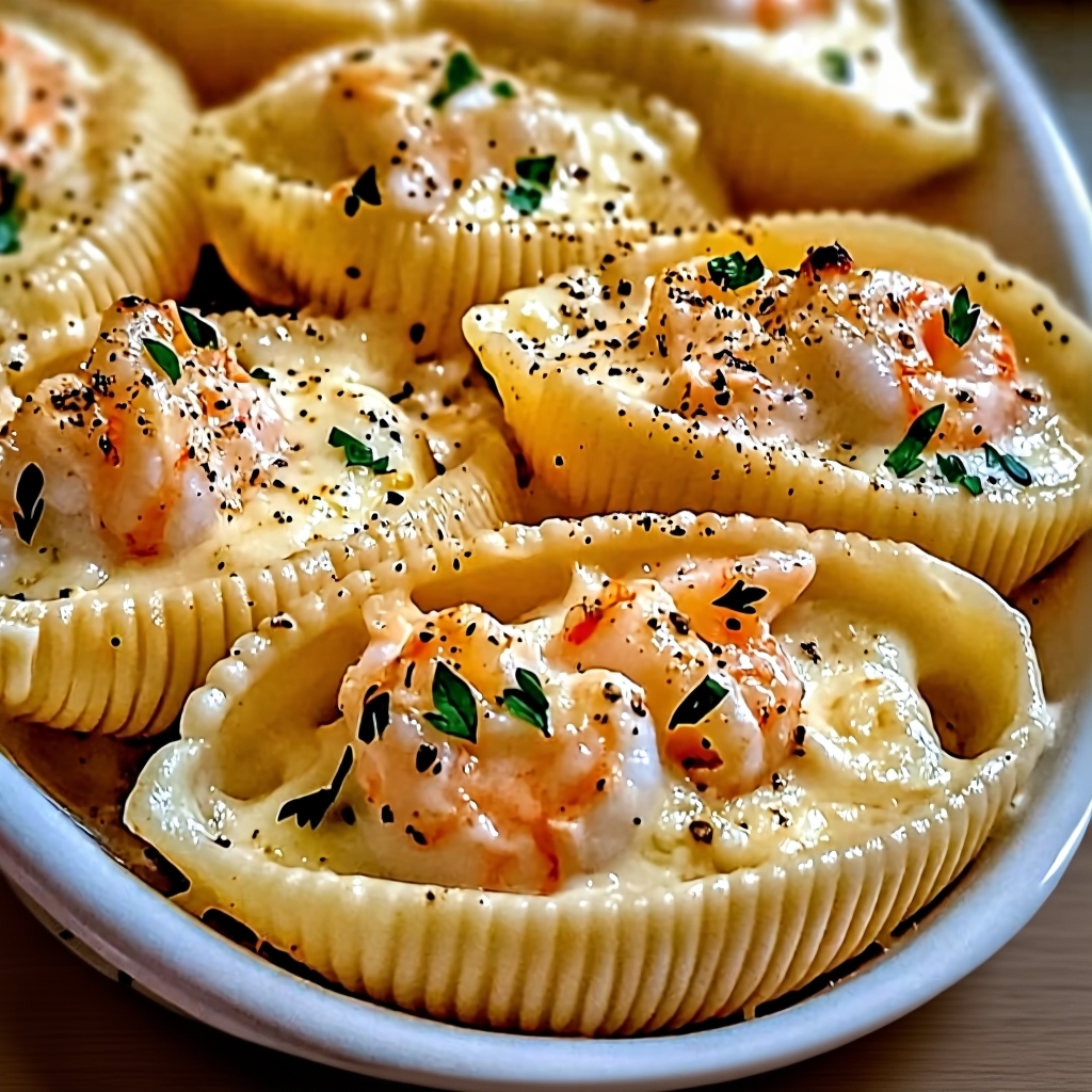 A beautiful baking dish of creamy garlic seafood stuffed shells, golden brown and bubbling from the oven.
