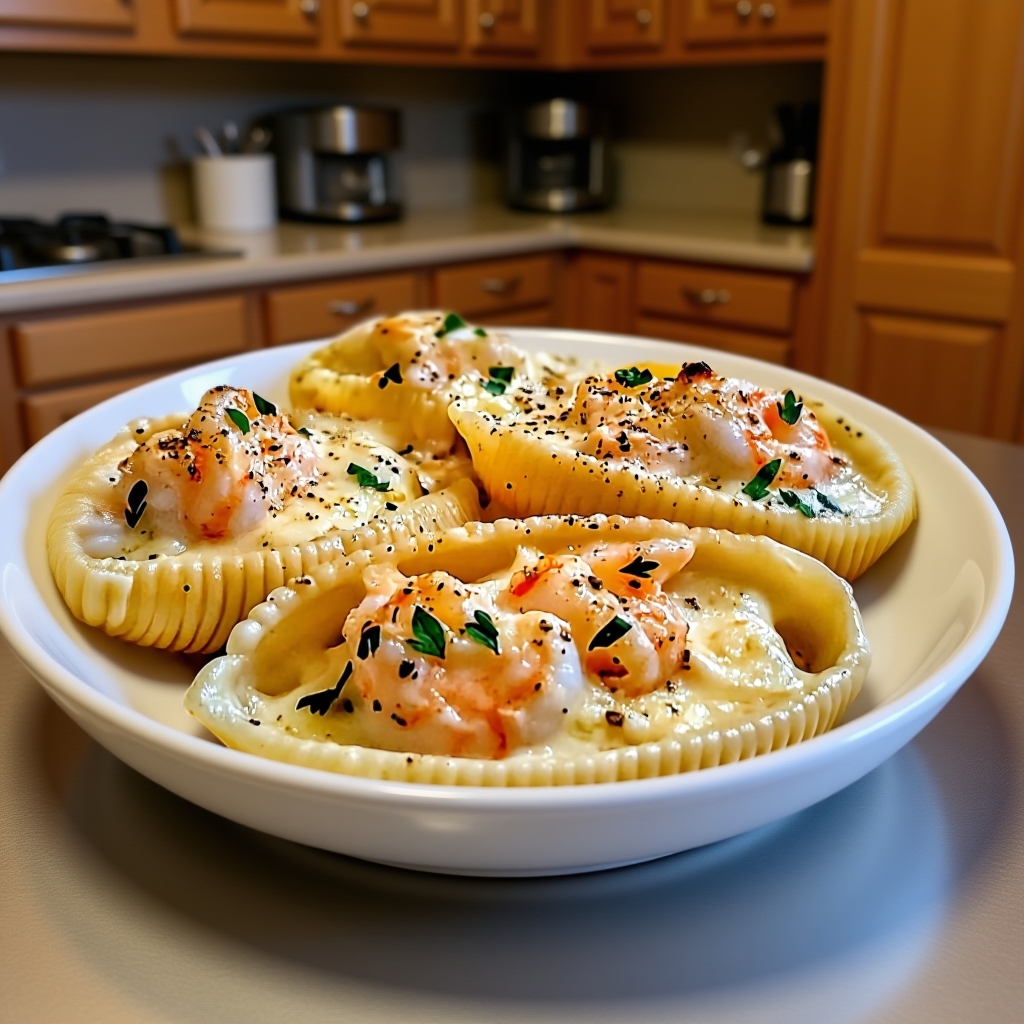 Ingredients for seafood stuffed shells laid out, including shrimp, crab, ricotta, and pasta shells.