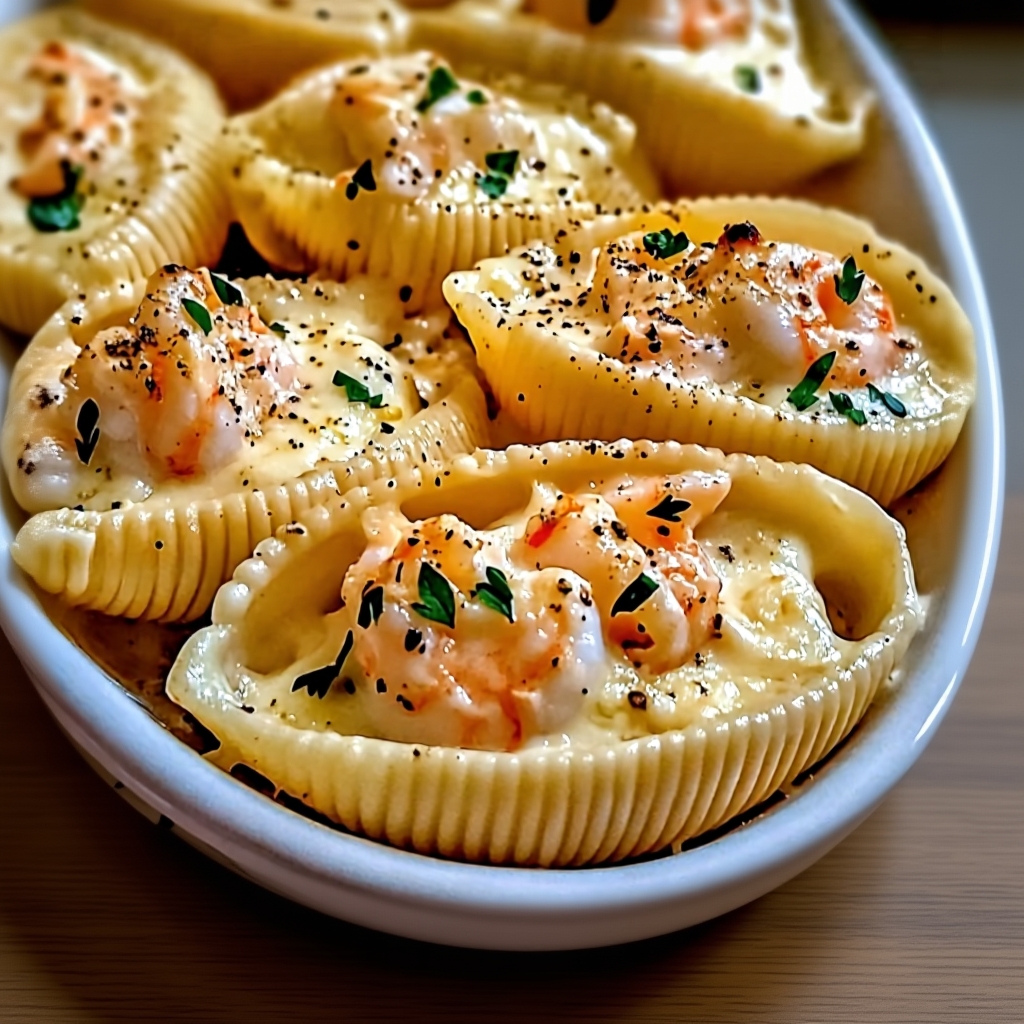 Jumbo pasta shells being filled with a creamy seafood and ricotta mixture.