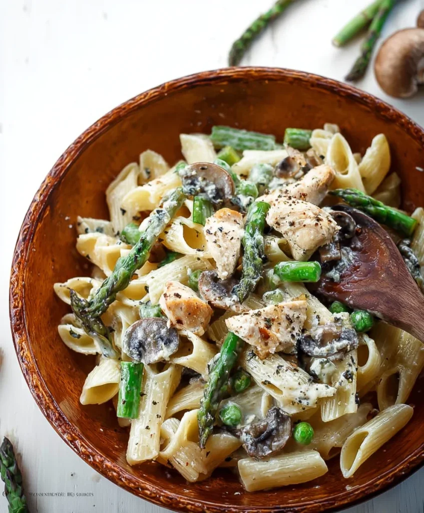 Pasta with Goat Cheese, Chicken, Asparagus & Mushrooms