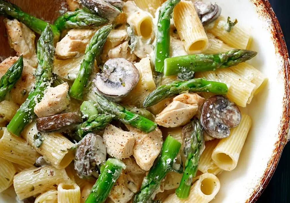 Pasta with Goat Cheese, Chicken, Asparagus & Mushrooms