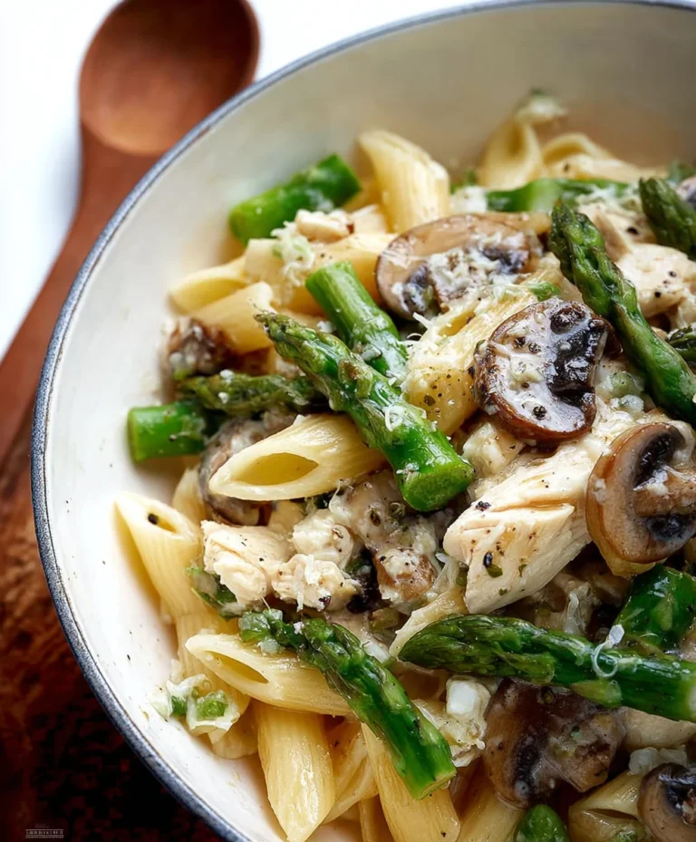 Pasta with Goat Cheese, Chicken, Asparagus & Mushrooms