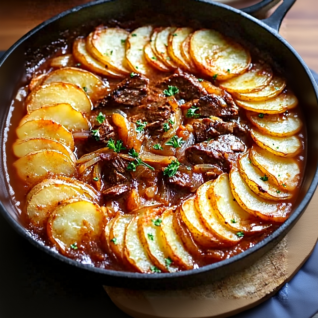 Delicious Beef Stew with Potato Topping served in a bowl