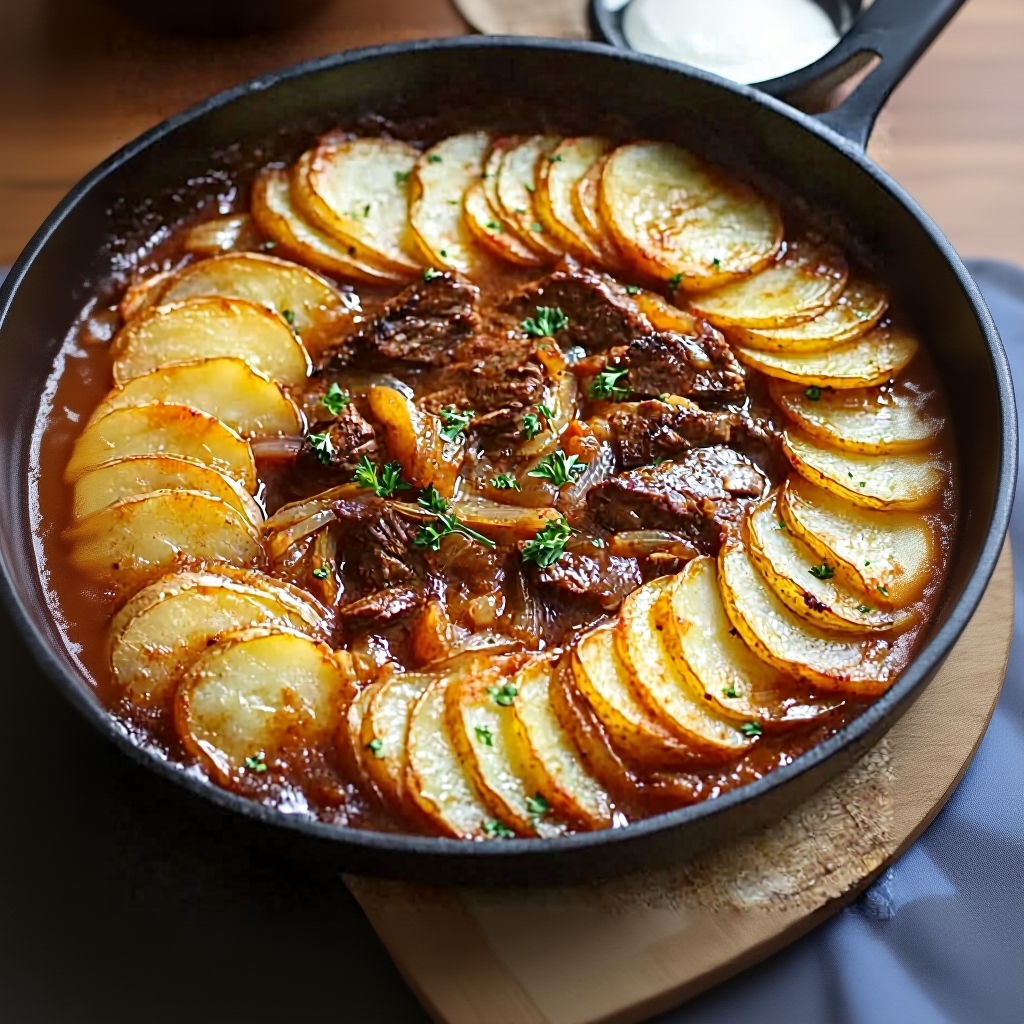 Final serving of Beef Stew with Potato Topping garnished with parsley