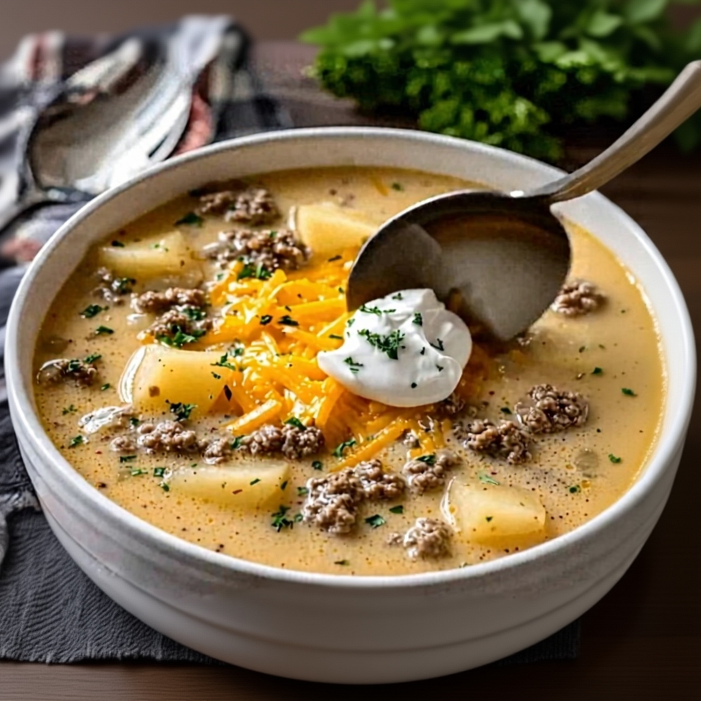Finished Cheesy Hamburger Potato Soup with toppings