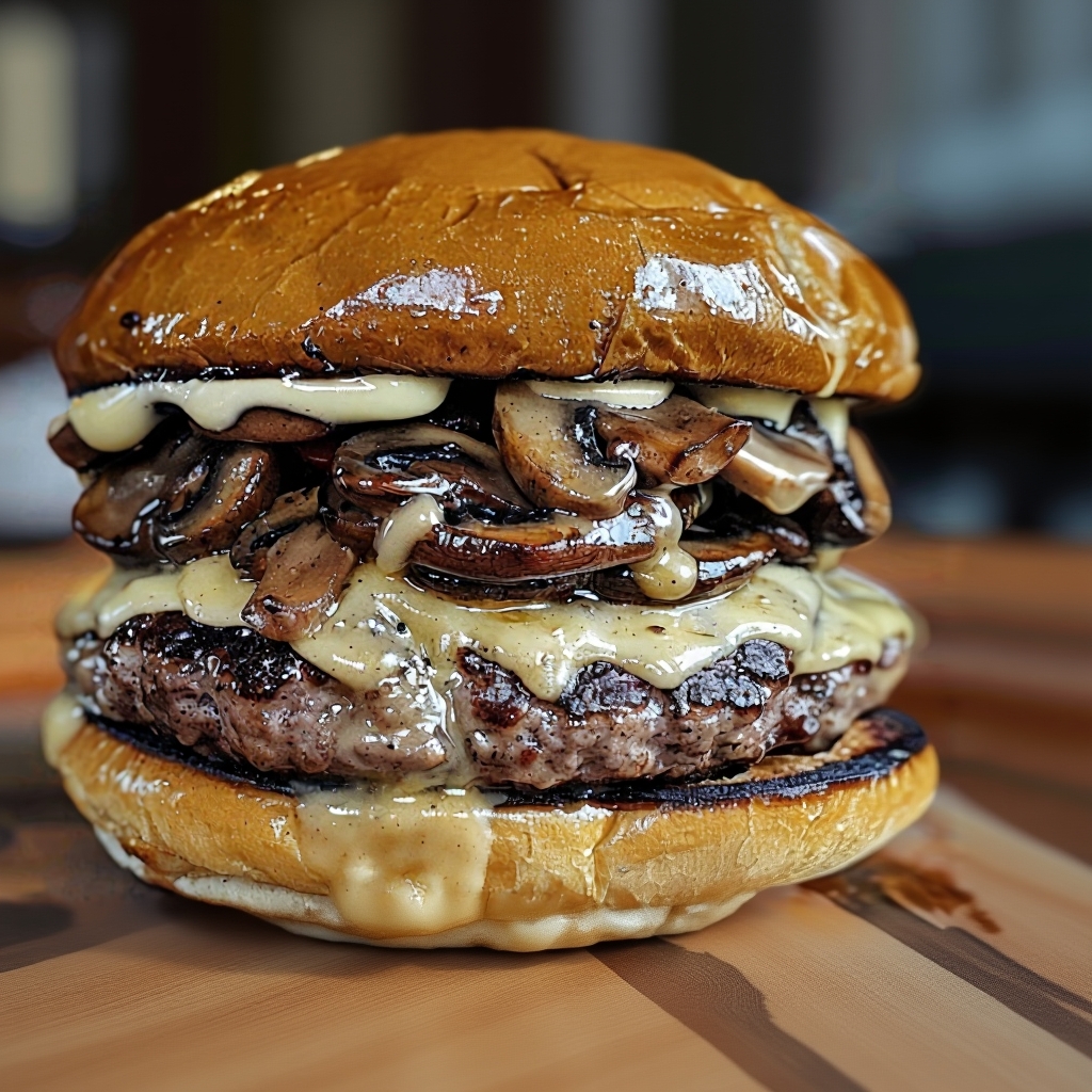 Served Glazed Mushroom Swiss Smash Burger with sides