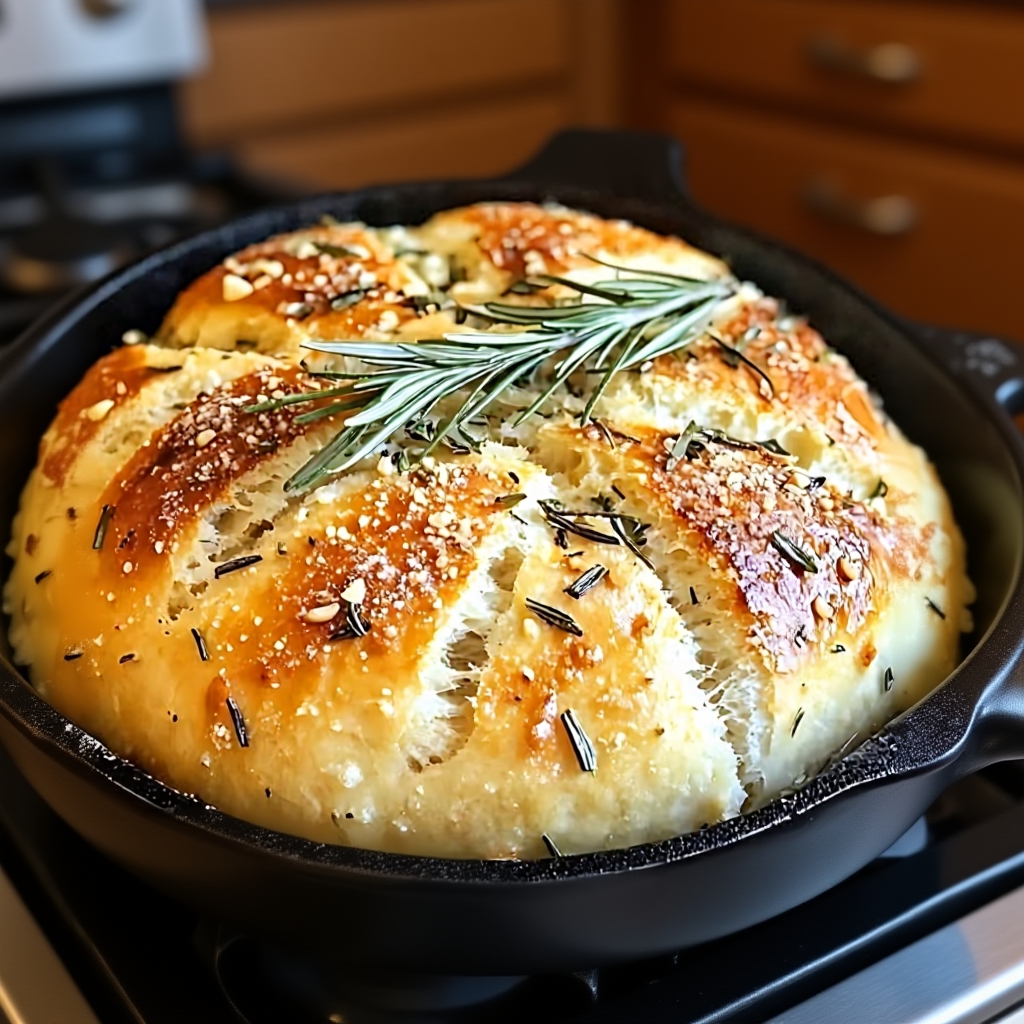 A cast iron skillet filled with Rustic Garlic Rosemary Skillet Bread