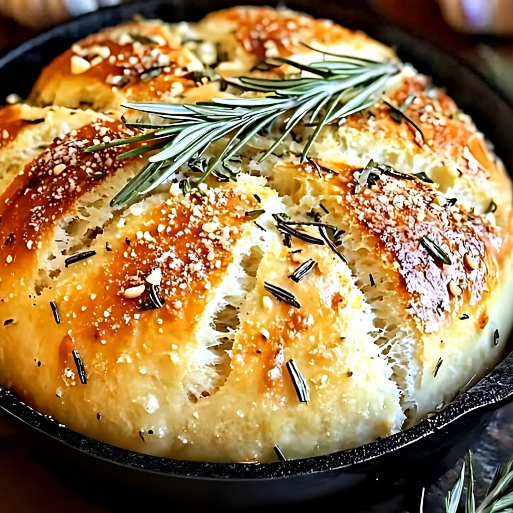 Close-up of Rustic Garlic Rosemary Skillet Bread with herbs