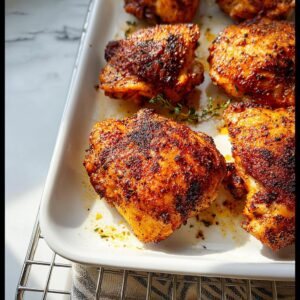 Close-up of juicy baked chicken thighs seasoned with herbs on a white platter.