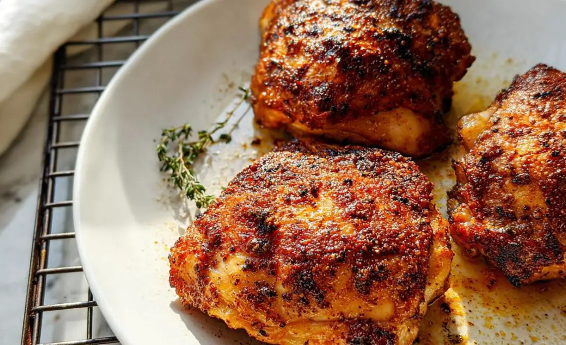 Three juicy baked chicken thighs seasoned and plated with herbs.