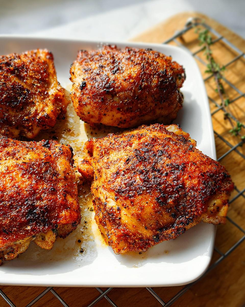 Close-up of juicy baked chicken thighs seasoned and golden brown.
