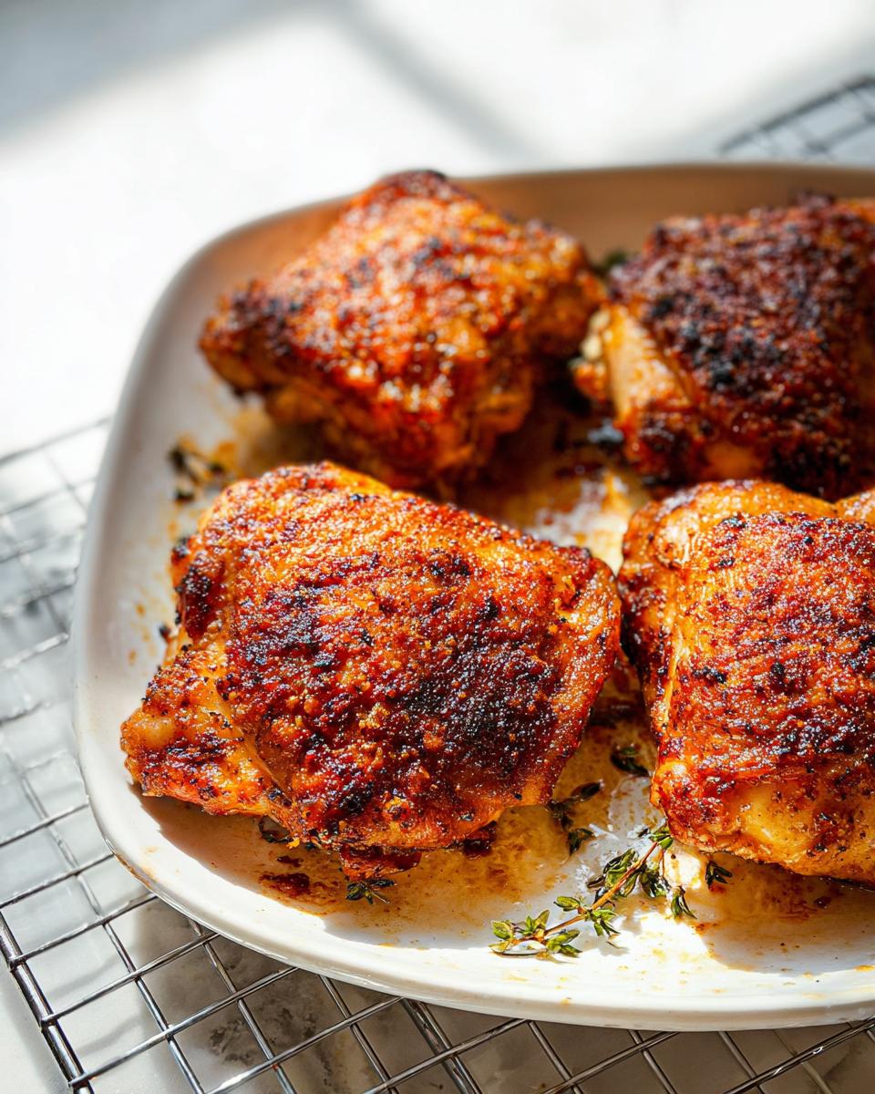 Golden-brown baked chicken thighs garnished with herbs on a plate.