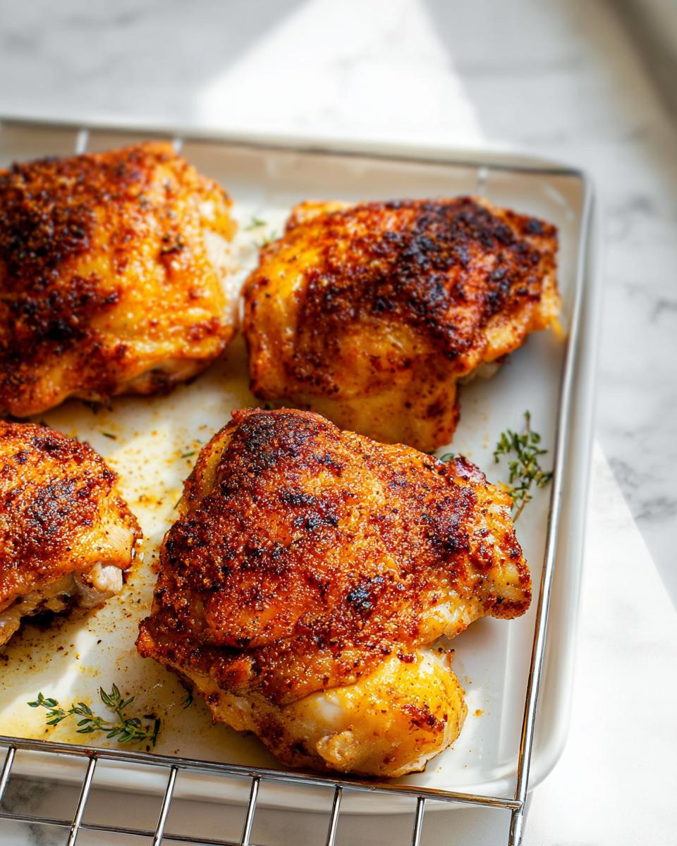 Four juicy baked chicken thighs seasoned and golden brown on a plate.