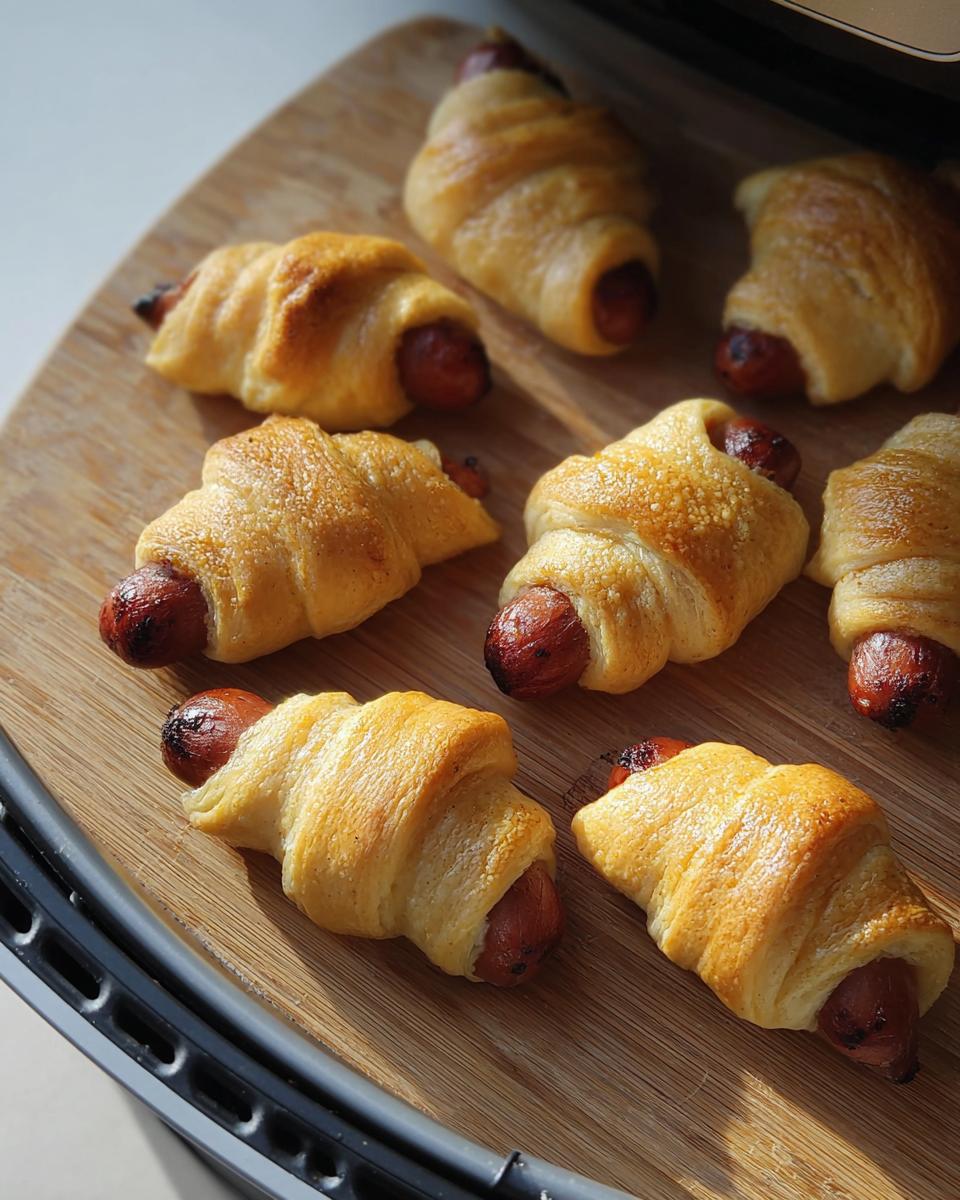 Golden brown Air Fryer Mummy Pigs in a Blanket on a wooden board.