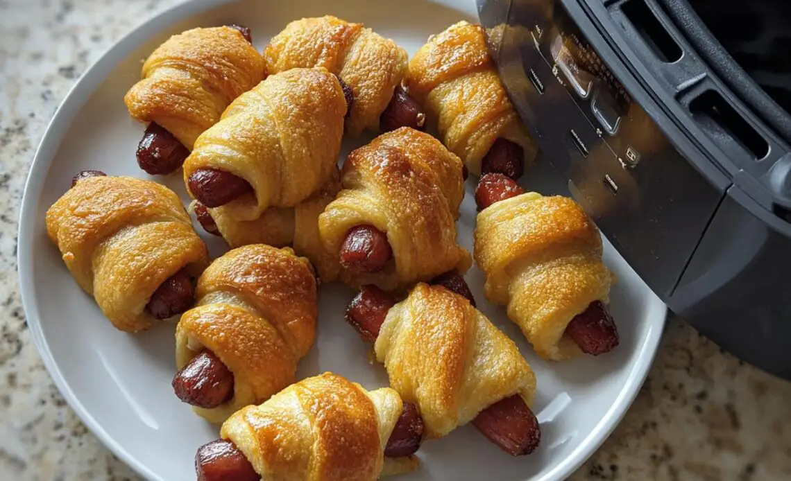 Plate of extra crispy Air Fryer Mummy Pigs in a Blanket with golden croissants.