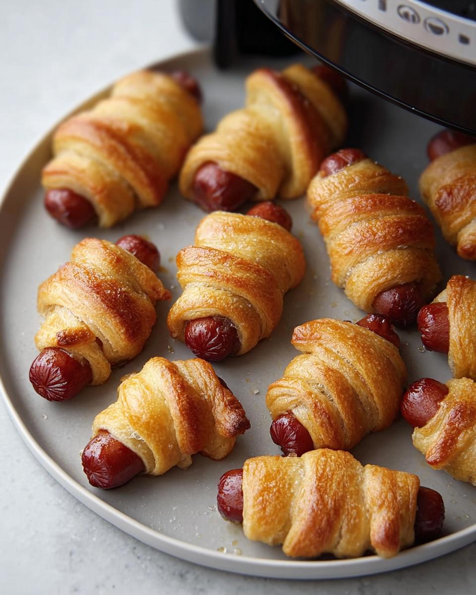 Plate of extra crispy Air Fryer Mummy Pigs in a Blanket with golden pastry.