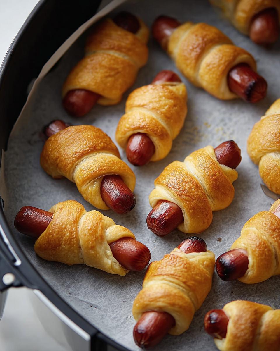 Golden brown Air Fryer Mummy Pigs in a Blanket on parchment paper.