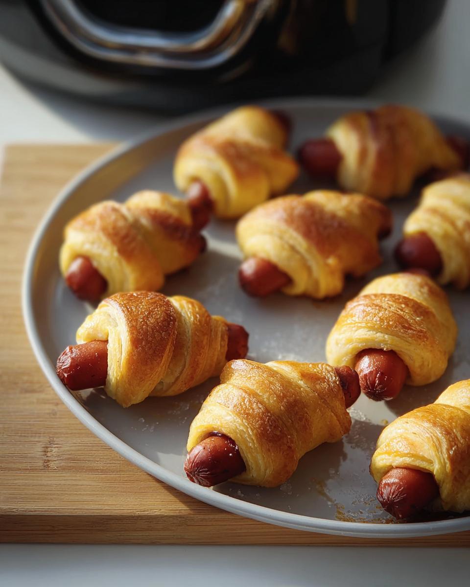 Plate of crispy Air Fryer Mummy Pigs in a Blanket with sausages wrapped in croissant dough.
