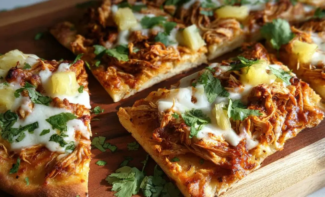 Slices of BBQ chicken flatbread pizzas topped with cheese and herbs.