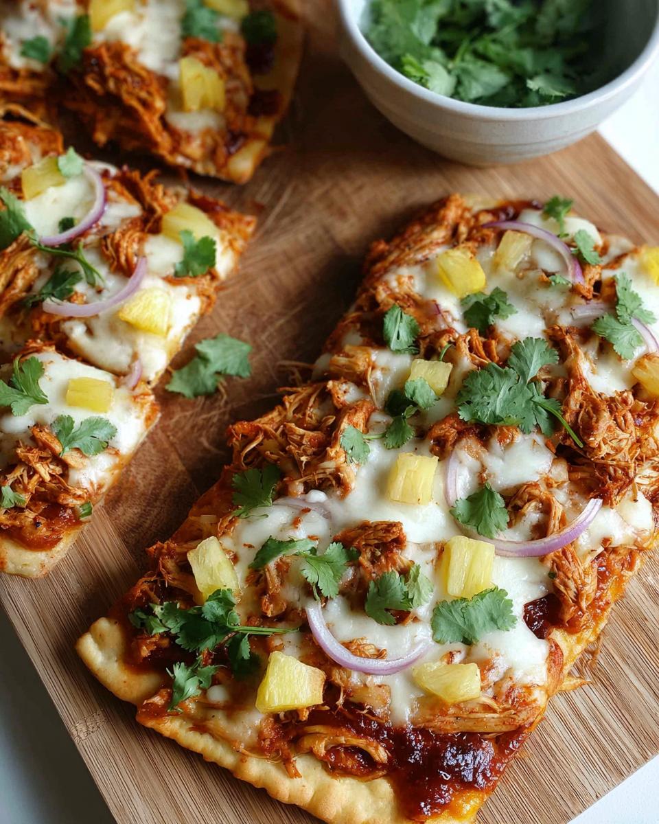 BBQ chicken flatbread pizzas topped with cheese, pineapple, and cilantro.