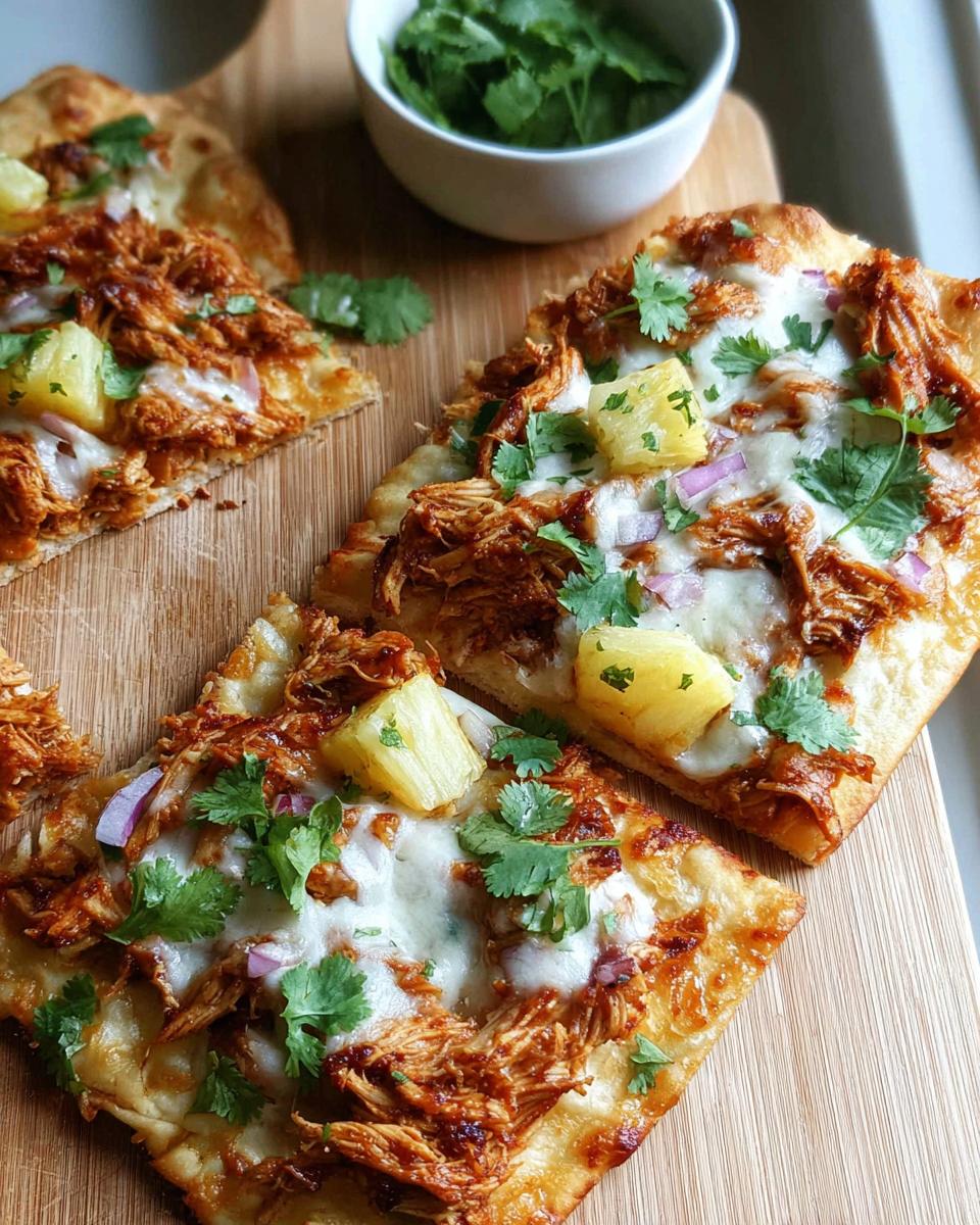 Two slices of BBQ chicken flatbread pizza topped with cheese, pineapple, and cilantro.
