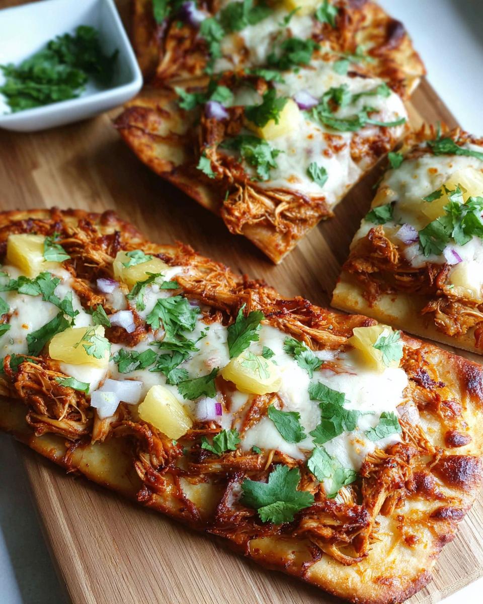 BBQ chicken flatbread pizzas topped with cheese, pineapple, and cilantro.