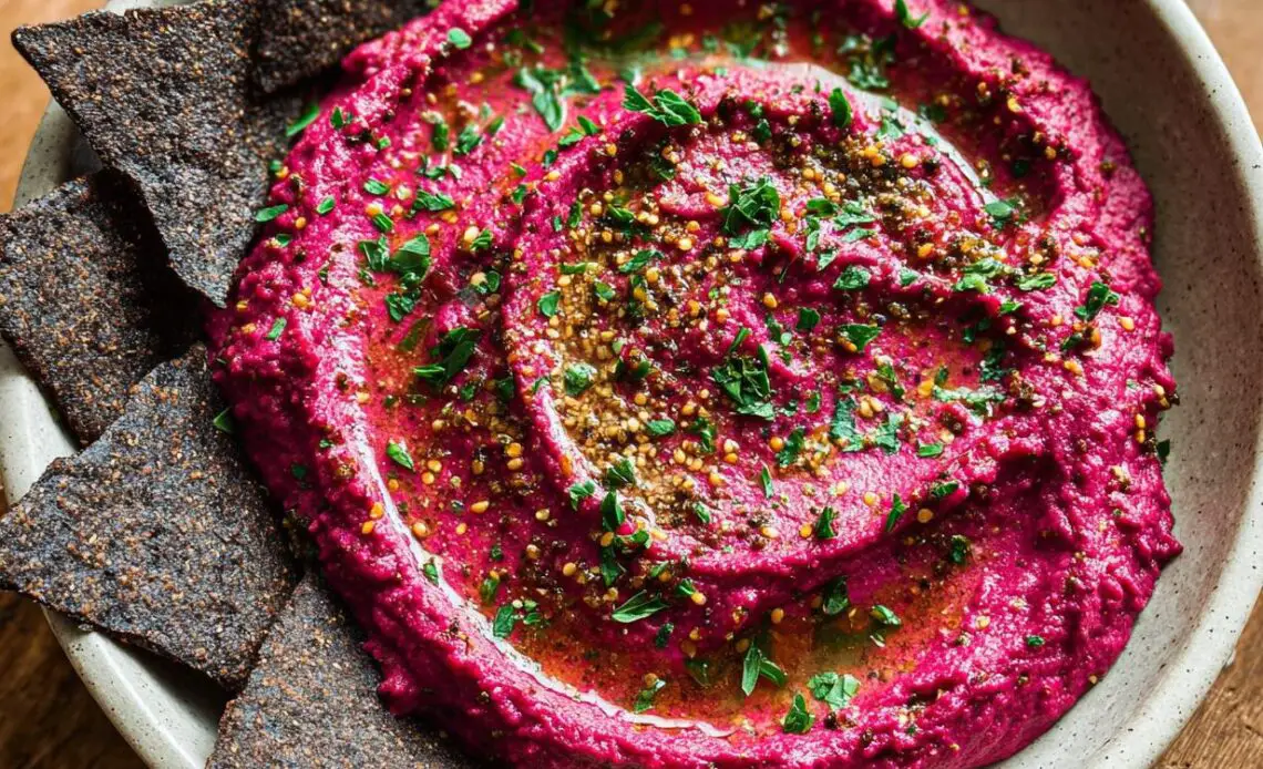 Bowl of bloody beet hummus garnished with herbs and served with bat-shaped pita chips.