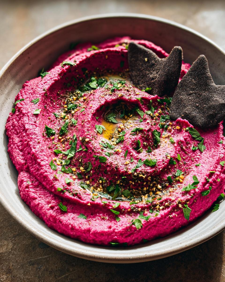 Bowl of Bloody Beet Hummus topped with herbs and bat-shaped pita chips.