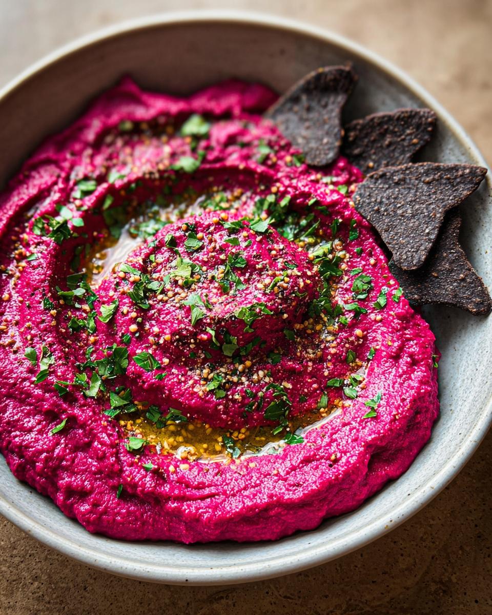 Bowl of Bloody Beet Hummus topped with herbs and served with bat-shaped pita chips.