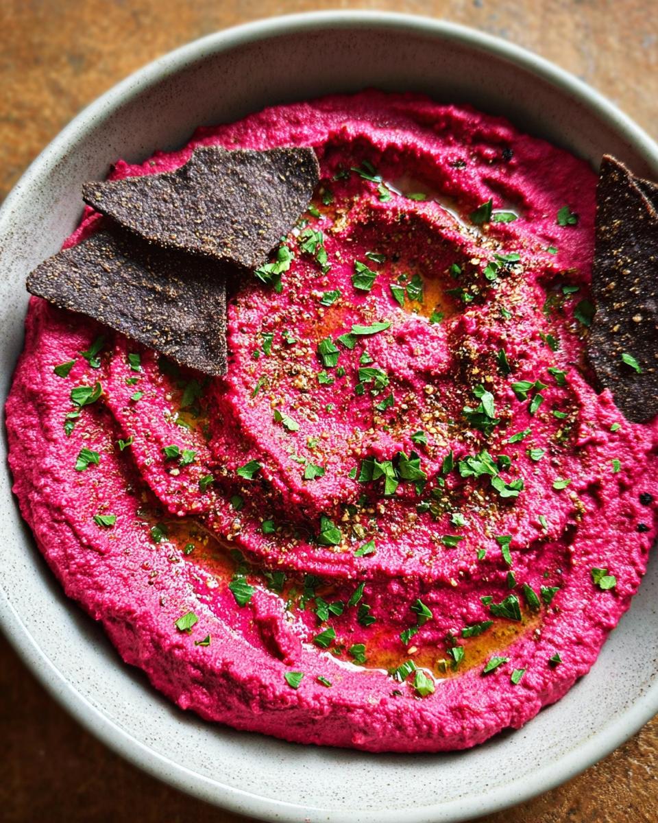 Bowl of Bloody Beet Hummus topped with herbs and bat-shaped pita chips.