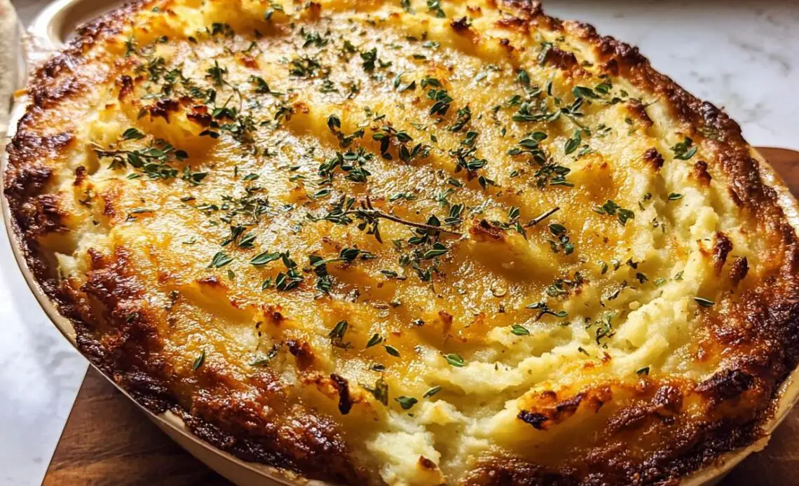 Golden brown mashed potato bake topped with herbs in a dish.