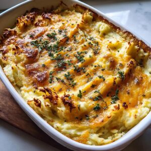 Close-up of a baked dish of brown butter and herb mashed potatoes topped with cheese and herbs.