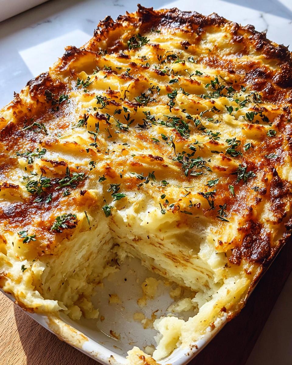 Golden brown mashed potato bake topped with herbs in a dish.